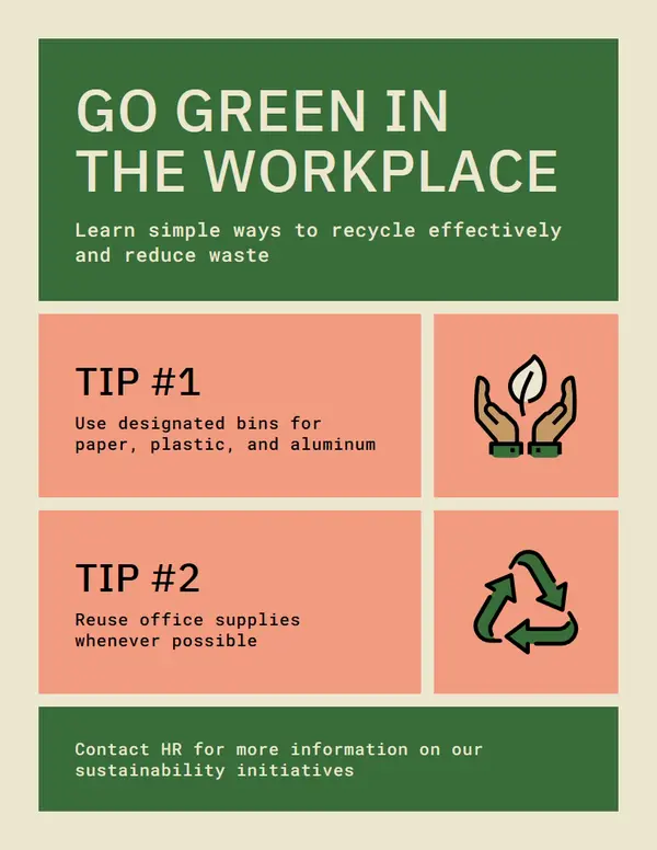 Sustainable workplace flyer Green modern, simple, faded, blocks