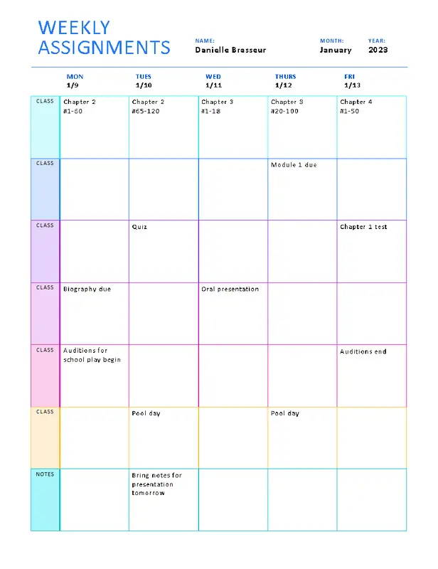 Weekly assignment sheet (color) blue modern simple