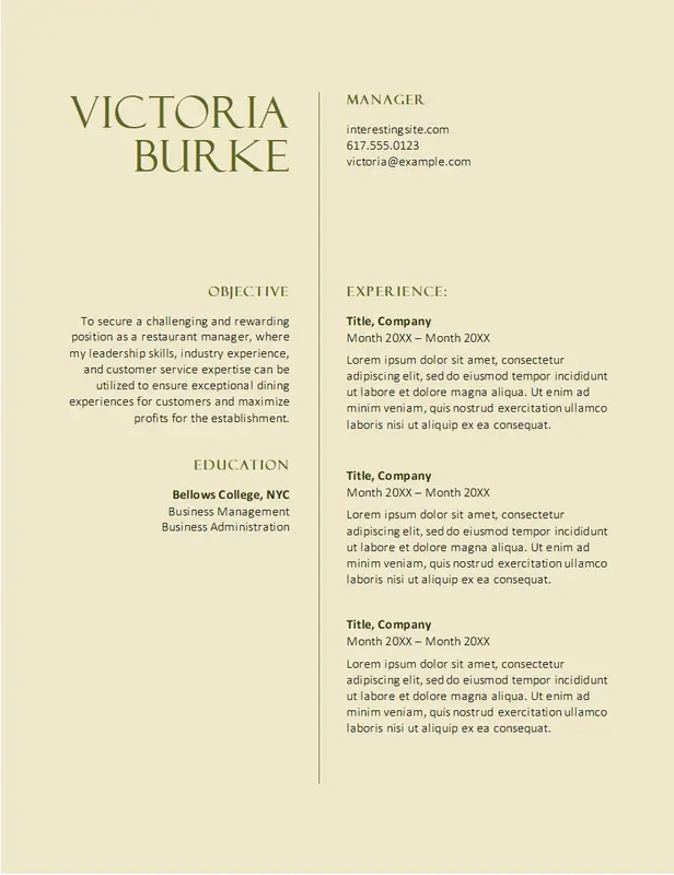 Classic food service resume yellow vintage
