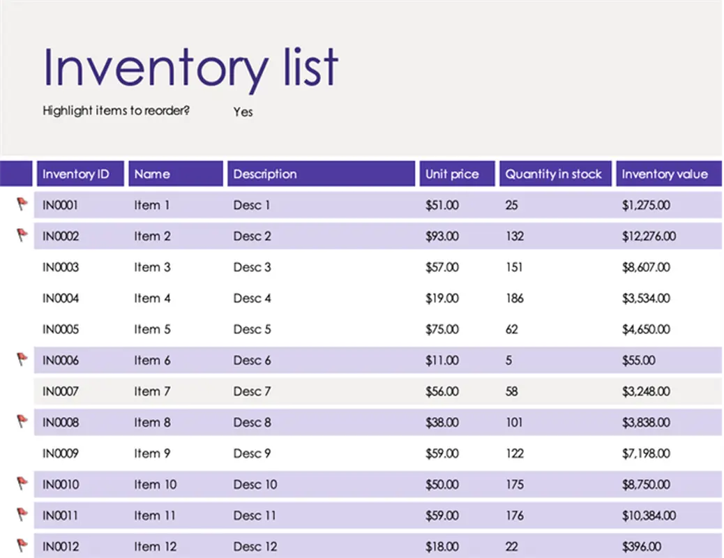Inventory list with reorder highlighting modern simple