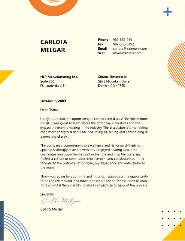 Thank you interview follow-up letter orange modern