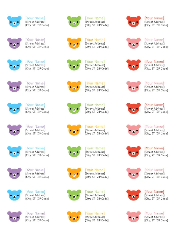 Return address labels (Rainbow Bears design, 30 per page, works with Avery 5160) whimsical color block