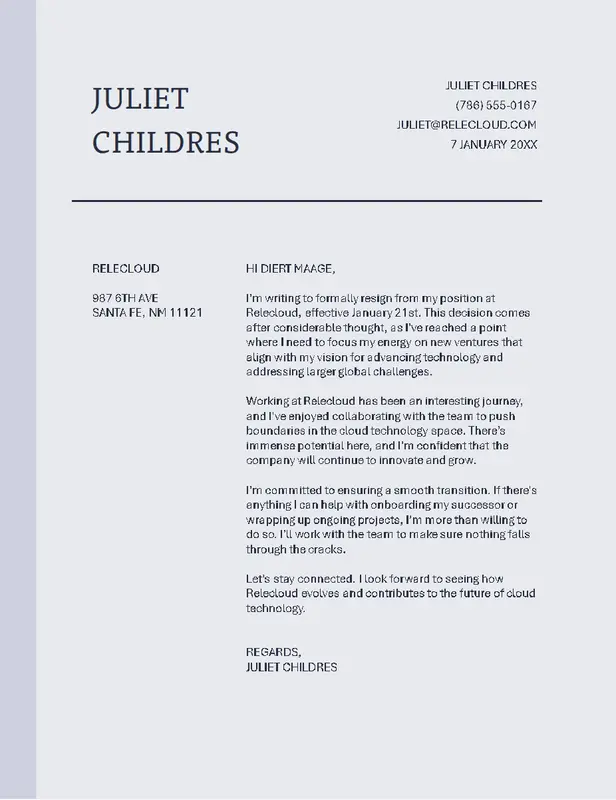 Tech resignation letter purple modern-simple